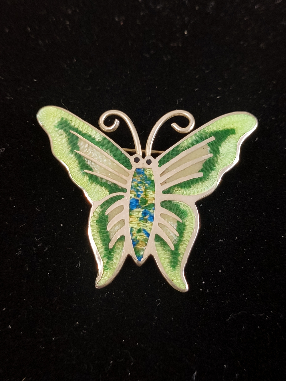 VTG Mexico 925 Sterling Silver Enamel Butterfly Brooch Pin Green Inlay Accent